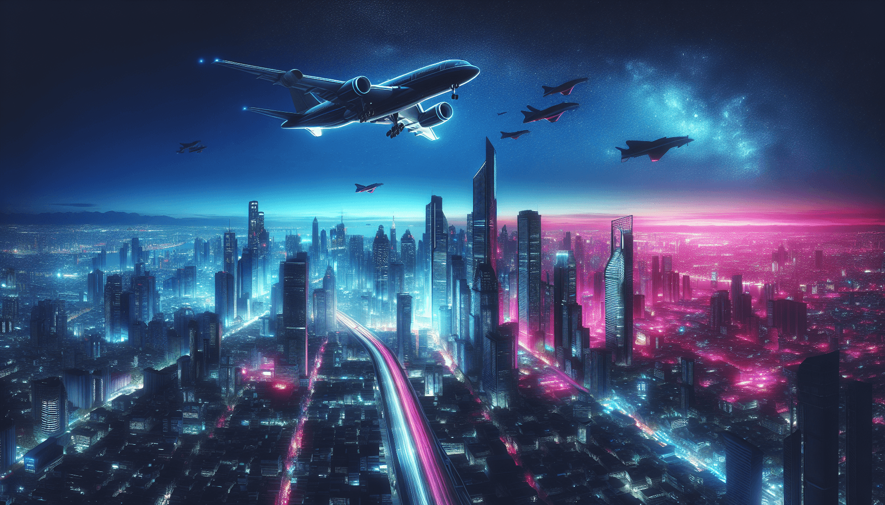 Flota aérea en ciudad de neón